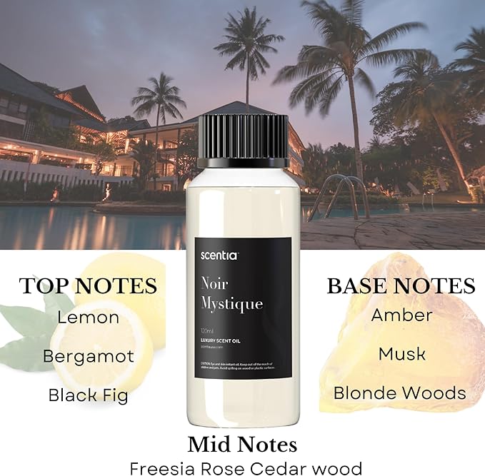 Scentia Noir Mystique – Hotel-Inspired Diffuser Oil, 120ml (0.67 fl oz) | Essential Oil Blend of Rose, Bergamot, Lemon & Musk | Luxury Aroma for Aromatherapy Diffusers & Humidifiers