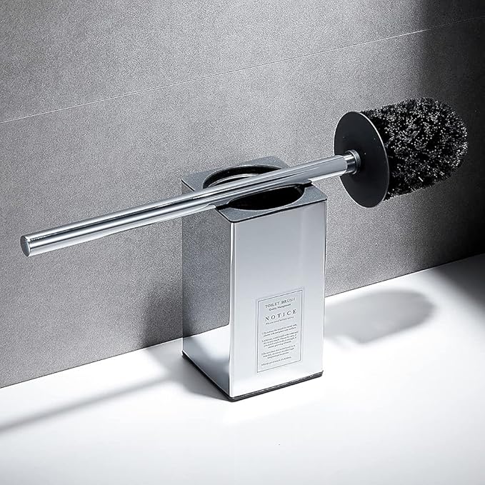Freestanding Toilet Brush Holder for bathrooms 304 Stainless Steel Toilet Brush Stand Square Storage and Organization Rust Resistant 17-inch high Polished Chrome Finished