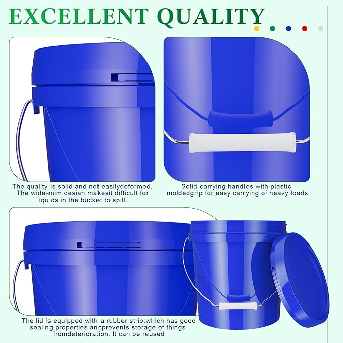 6 Pack 2 Gallon Plastic Bucket with Lid Heavy Duty Pail with Metal Handle Reusable Small Multipurpose Paint Buckets Container for Food Storage(Colorful)