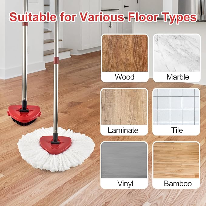 Spin Mop Handle Mop Heads Mop Base Mop Scruby Brush Replacement Sets Combo Compatible with Ocedar EasyWring 1 Tank Spin Mop System (1 Sets Stainless Steel Mop Handle +2 White Heads +1 Base +1 Brush)