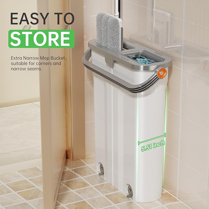 Mop and Bucket Set with Wringer Flat Mop Bucket System for Home Floor Cleaning,6 Reusable Microfiber Pads,Extended Stainless Steel Handle,Ideal for Hardwood,Wood,Laminate Floors,and Bathroom Mop