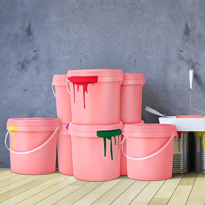 Gerrii 10 Pack Pink 1 Gallon Plastic Bucket with Handle and Lid Food Storage Bucket Containers All Purpose Pail for Paint Water Art Crafts Projects Garage Organization