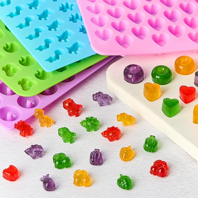 5 Pcs Mini Gummy Candy Molds with 2 Dropper, Silicone Bear Donut Dinosaur Fruit Snack Molds Non-stick and BPA Free Jello Candy Mold for Small Chocolate Gummies