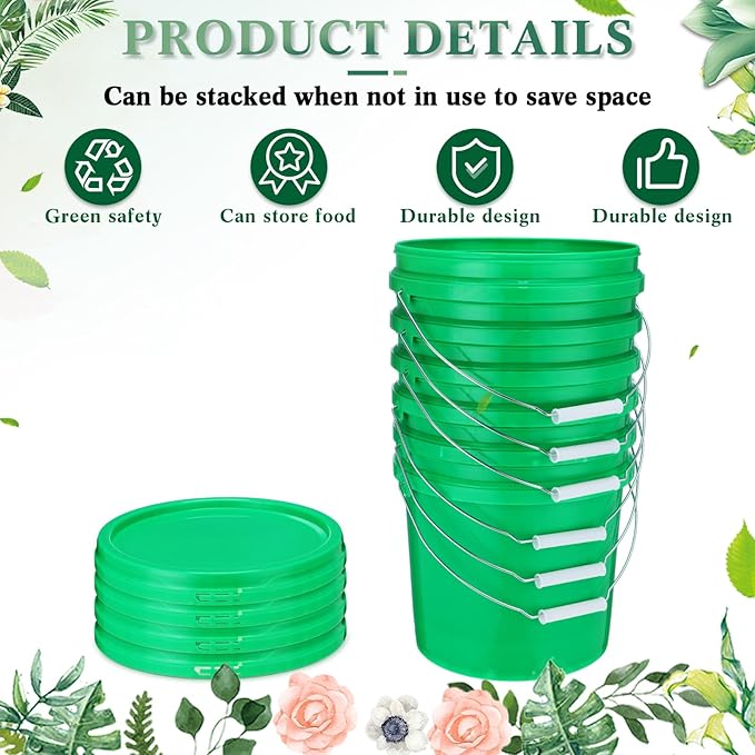 6 Pack 2 Gallon Plastic Bucket with Lid Heavy Duty Pail with Metal Handle Reusable Small Multipurpose Paint Buckets Container for Food Storage(Green)