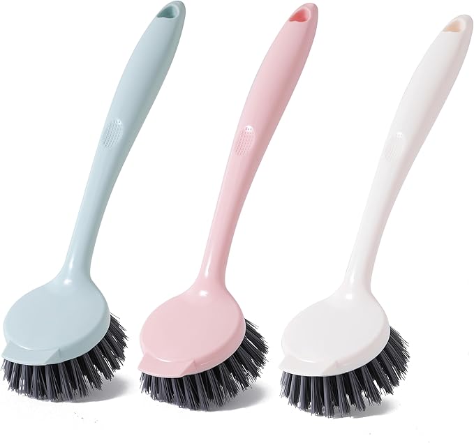 3 Pack Multifunctional Kitchen Dish Scrubber Brush with Built-in Scraper, Dish Brush with Handle,Kitchen Scrub Brushes for Cleaning, Dish Scrubber with Stiff Bristles for Sink, Pots, Pans