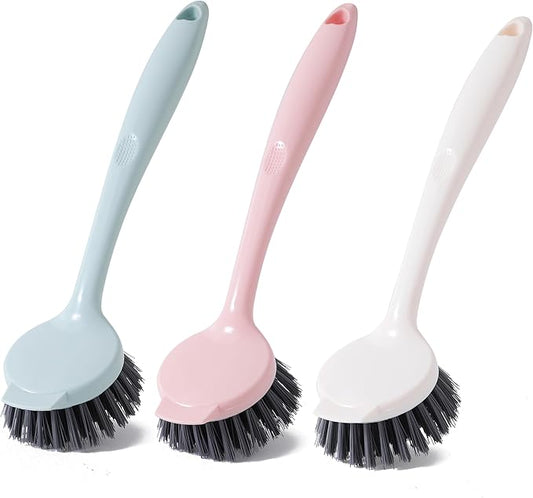 3 Pack Multifunctional Kitchen Dish Scrubber Brush with Built-in Scraper, Dish Brush with Handle,Kitchen Scrub Brushes for Cleaning, Dish Scrubber with Stiff Bristles for Sink, Pots, Pans