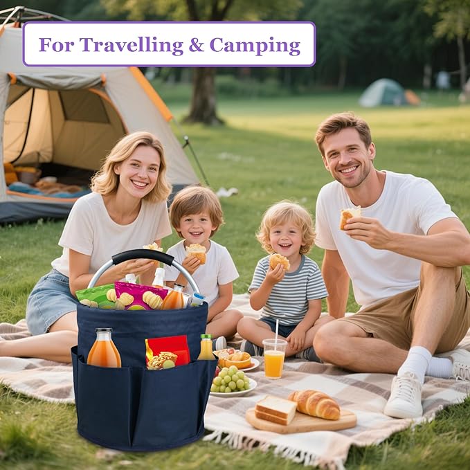 17L Bucket Tool Organizer with 6 Side Pockets, 2Pcs Collapsible Cleaning Caddy with Handle, Folding Gardening Tool Bag, Multifunctional Storage Basket for Garden, Bathroom, Black + Navy Blue