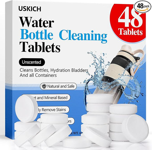 USKICH 48 Pack Water Bottle Cleaning Tablets,Water Bottle Cleaner Great for Stainless Steel, Thermos, Tumbler, Insulated and Reusable Water Bottles,Removes Stubborn Stains and Odors