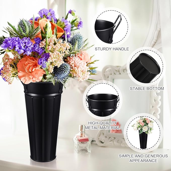 Lallisa 24 Pcs Metal Vases 9 Inch Galvanized French Farmhouse Flower Buckets with Handles and Hemp Rope, Vintage Style Flower Containers for Country Wedding Party Table Centerpiece Decor(Black)