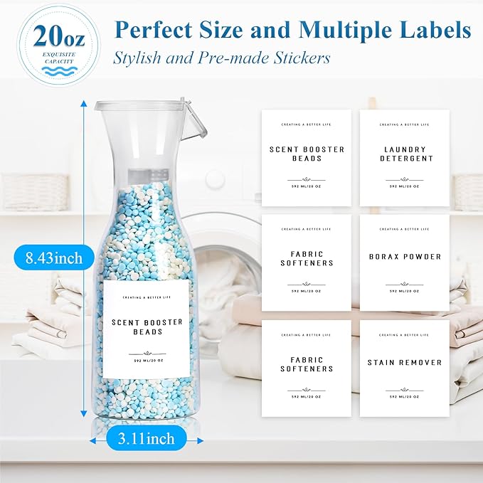 Laundry Detergent Dispenser Bottle 20oz with Waterproof Label for Laundry Detergent Soap Fabric Softener Bleach Scent Booster Beads, Sturdy PET Bottle for Laundry Room Decor 2 Pack White