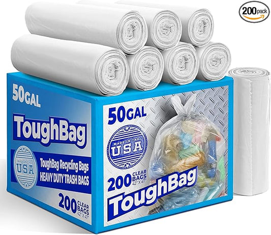 ToughBag 50 Gallon Trash Bags Heavy Duty, Clear Trash Bags (200 COUNT) - Made in USA