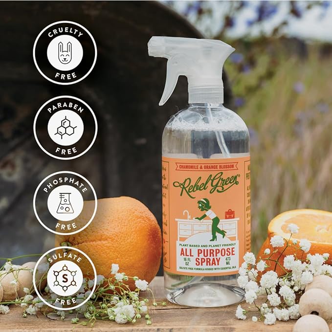 Rebel Green Natural All-Purpose Cleaning Spray - Plant-Based Multi-Surface Cleaner with Essential Oils for Kitchen, Bath, Countertops and More - Orange & Chamomile - 16 oz - 2 Pack