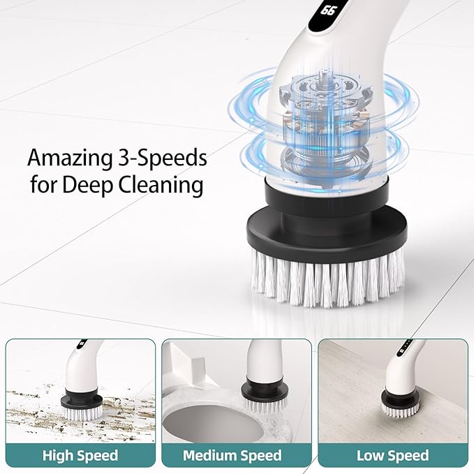 Electric Spin Scrubber for Cleaning, 9 in 1 Changeable Bathroom Scrubber with Power Display, Long Cordless Cleaning Brush, Cordless Shower Cleaner Brush for Bathtub Kitchen Wall Cleaning