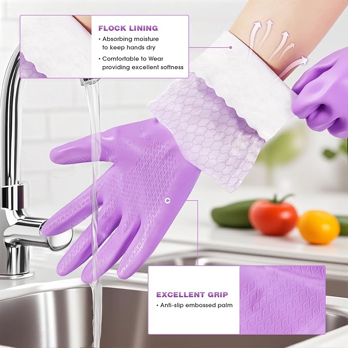 Elgood Reusable Long Sleeve Dishwashing Cleaning Gloves with Latex Free,Cotton Lining,Kitchen Gloves 2 Pairs,Purple+Blue L