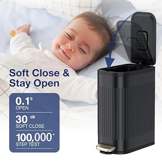 BETHEBEST Trash Can with Lid,Soft Close,Step Pedal,4 Gallon/15 Liter Stainless Steel Bathroom Trash Can with Removable Inner Waste Bin,Small Garbage Cans for Bathroom, Bed Room,Office, Kitchen(Black)