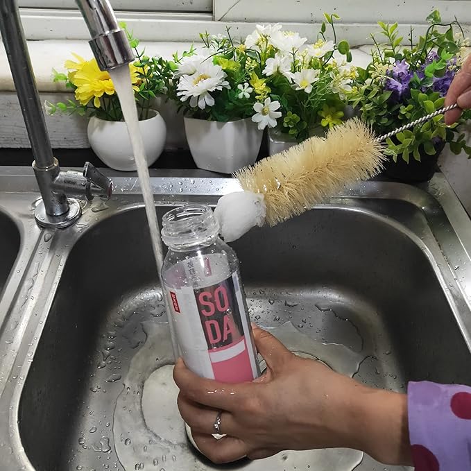 Coralpearl Bottle Brushes Thin Long Handle X 2, Skinny Wire Cleaner Set in Stainless Steel with Natural Boar Bristle at Wool Tip, Bendable Flexible for Cleaning Narrow Neck Bottles, Pipe, Tube, Hose