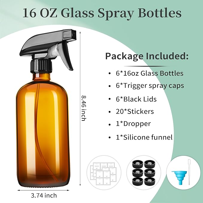 16oz Amber Glass Spray Bottles,6 Pack Glass Spray Bottles Refillable Empty Bottle with Adjustable Nozzle,Spray Bottle for Essential Oils,Cleaning,Pets,Hair Mister