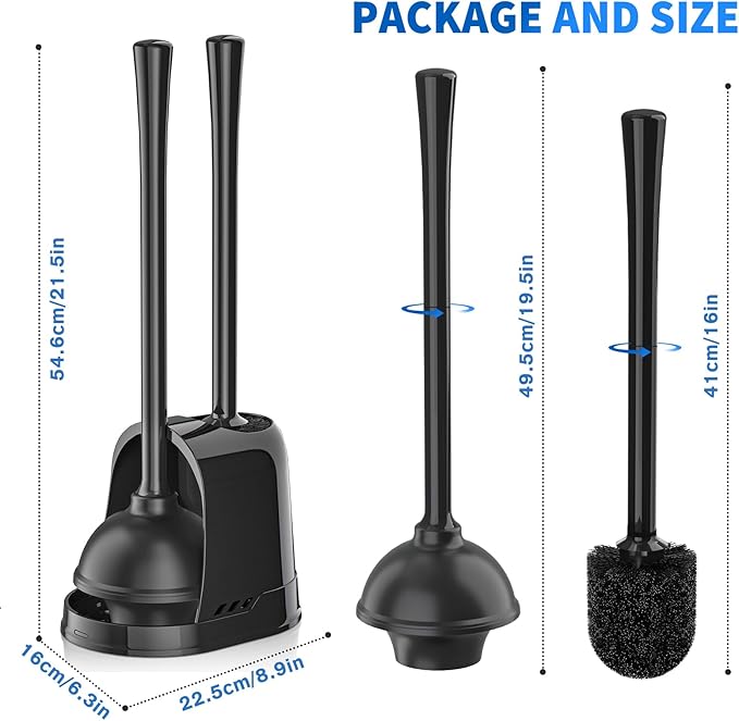 Toilet Plunger and Brush, Bowl Brush and Heavy Duty Toilet Plunger Set with Ventilated Holder, 2-in-1 Toilet Brush and Plunger Combo for 5.3-inch Toilet Drain Bathroom Cleaning (Black)