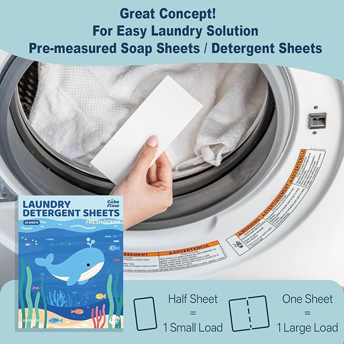 Laundry Detergent Sheets, Fresh Ocean Scent - 40 Loads | Plastic-Free, Eco Friendly Sheets | Pre-Measured, Liquidless for Deep Clean | Hypoallergenic, Travel Laundry Soap Strips
