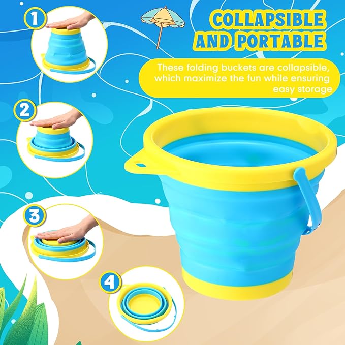 Realspring 3 Sets Collapsible Sand Buckets with Shovels Foldable Pail Buckets for Kids 2.5 l Colorful Collapsible Beach Toys Bulk for Summer Beach Party Outdoor Activity