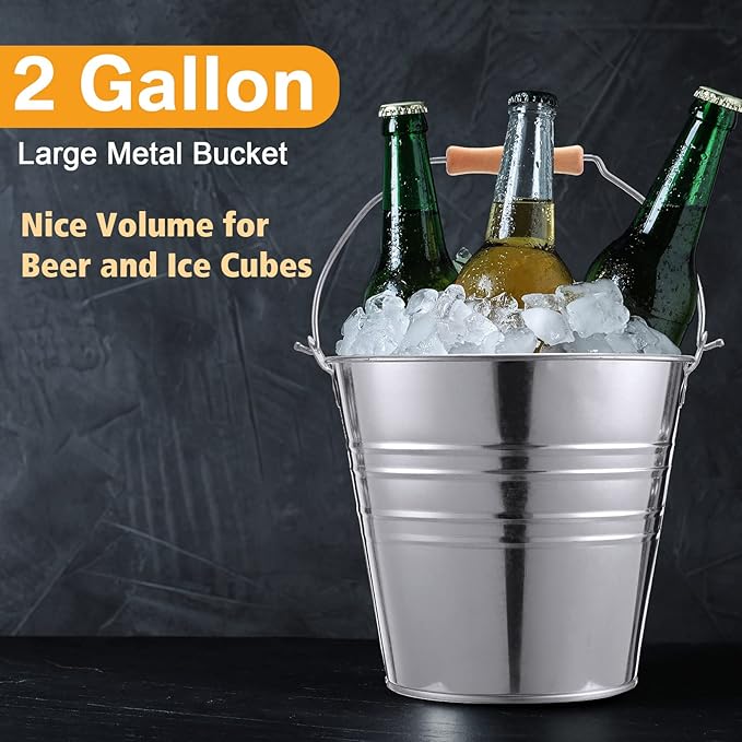 Zopeal 6 Pcs Large Metal Bucket Beer Bucket Galvanized Steel Pail with Handle for Gifts Basket Ice Candy Party (9.5 x 8.67 x 6.5 Inch,Silver)