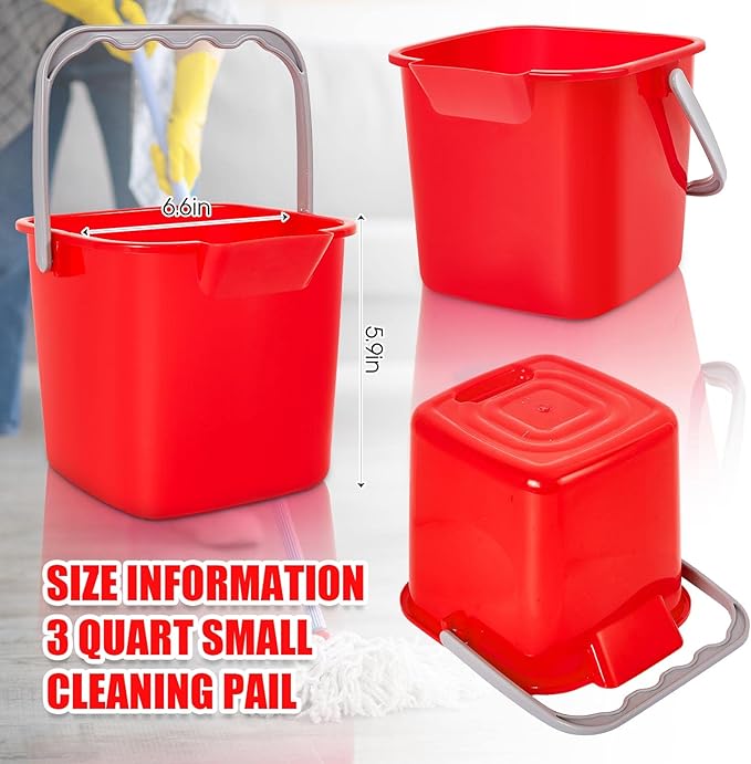 Irenare 8 Pcs Sanitizing Bucket 3 Quart Cleaning Pail Small Detergent Square, Spout and Handle Plastic Utility Sanitizer Buckets for Restaurant Kitchen Home Offices (Red)