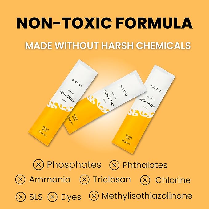 Foaming Dish Soap Refill Eco Friendly (10pk), Concentrated Powder Refills Make 10 Bottles x12 oz each of Foam Dish Soap, Zero Waste, Gentle on Hands (Mango Bliss)