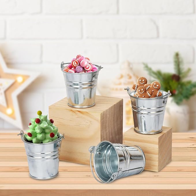 50 Pack 2.1 Inch Mini Metal Buckets with Handle, Galvanized Mini Tin Buckets, Small Iron Bucket, Mini Metal Pail for DIY Project, Holiday, Party, Home Decoration