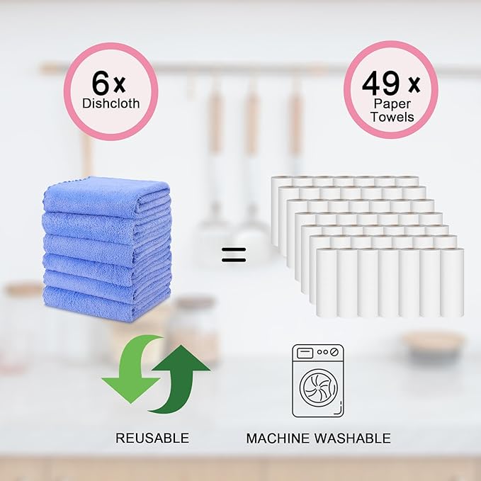 kimteny Kitchen Cloth Dish Towels, 13x28 Inches Premium Dishcloths, Super Absorbent Coral Velvet Microfiber Cleaning Cloths, Fast Drying Rags for Washing Dishes (13x28-6 Pack, Blue)