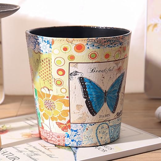 PU Leather Small Trash Can Wastebasket, Round Garbage Container Basket for Bathrooms, Laundry Room, Kitchens, Offices, Kids Rooms, Bedrooms,Dorms,Home Decorative Art Bin, 2.9 Gallon(Blue Butterfly)