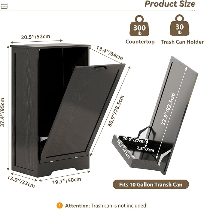 Tilt Out Kitchen Trash Can Cabinet, Pet Proof Wooden Kitchen Garbage Can with Lid, Hidden Laundry Basket Organizer, 10 Gallon Free Standing Bathroom Laundry Hamper Cabinet, Black