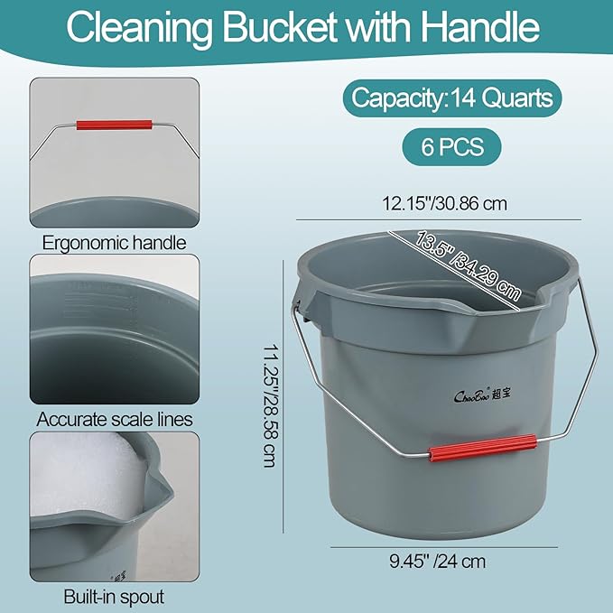 6-Pack Plastic Round Bucket with Handle, 14 Quart Cleaning Bucket, Utility Pail with Pour Spout, Grey