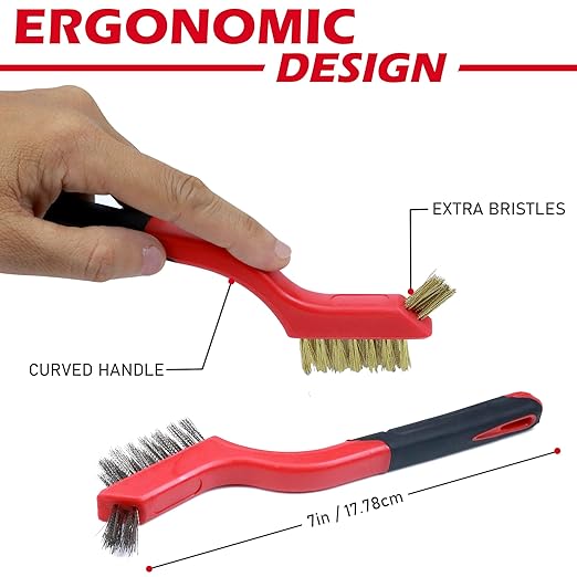 TAKAVU Small Wire Brush Set, 3 Different Types Brush, Brass - Stainless Steel - Nylon Wire Brushes for Cleaning with Curved Handle Grip for Rust Removal, Dirt, Paint Scrubbing