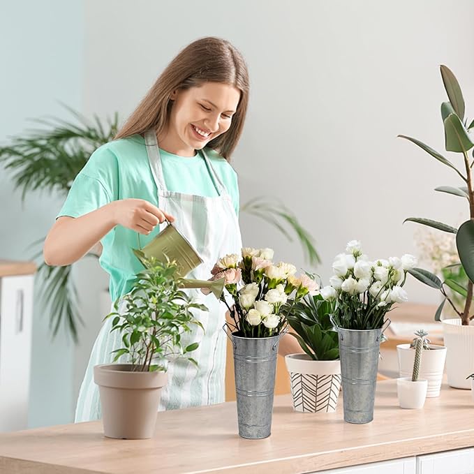 9 Inch Galvanized Metal Vases Farmhouse French Flower Bucket Vases for Cut Flowers, 8 Pcs Farmhouse Decorative Tall Flower Bucket with Handles for Table Weddings Home Decor (Silver, 8 Pcs 9inch)