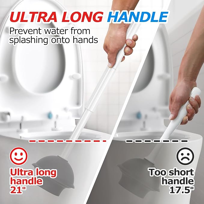 2Pack 2 in 1 Toilet Brush and Plunger Set, Toilet Bowl Brush Plunger Set,Extended Handle Plunger,Bathroom Cleaning Tools,Toilet Brush Plunger Combo,Cleaning Brush（Pearl White，21inch）
