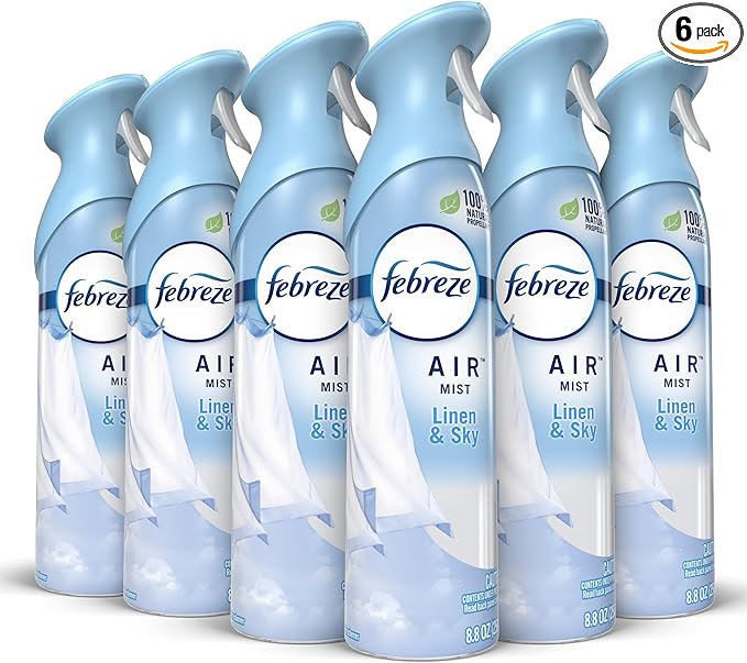 Febreze Air Mist Air Freshener Spray, Odor-Fighting Room Spray, Air Fresheners for Home and Bathroom and Kitchen, Aerosol Can, Linen & Sky Scent, 8.8oz, 6 Count