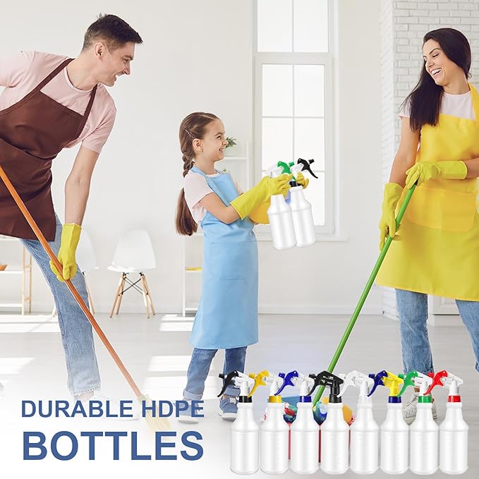 Zubebe 24 Pack 32 oz Plastic Spray Bottle Bulk Empty Leakproof Heavy Duty Spray Bottles for Cleaning Supplies Mist Bottles with Label and Adjustable Nozzle for Plant(Multicolor C,Clear Scale)
