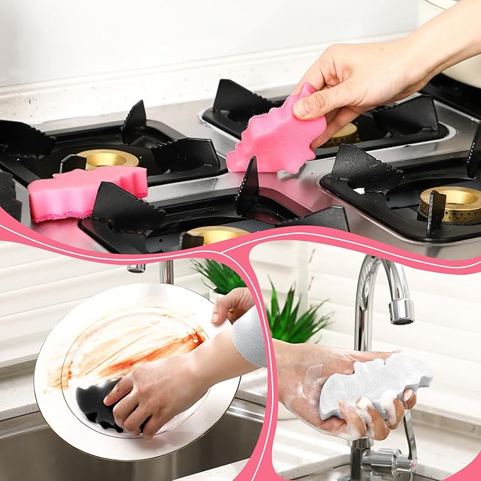 Tioncy 12 Pack Bat Kitchen Sponges Bulk Dual Sided Scrubber Sponges Dishwashing Non Scratch for Bat Kitchen Accessories Dish Scouring Black, White, Pink