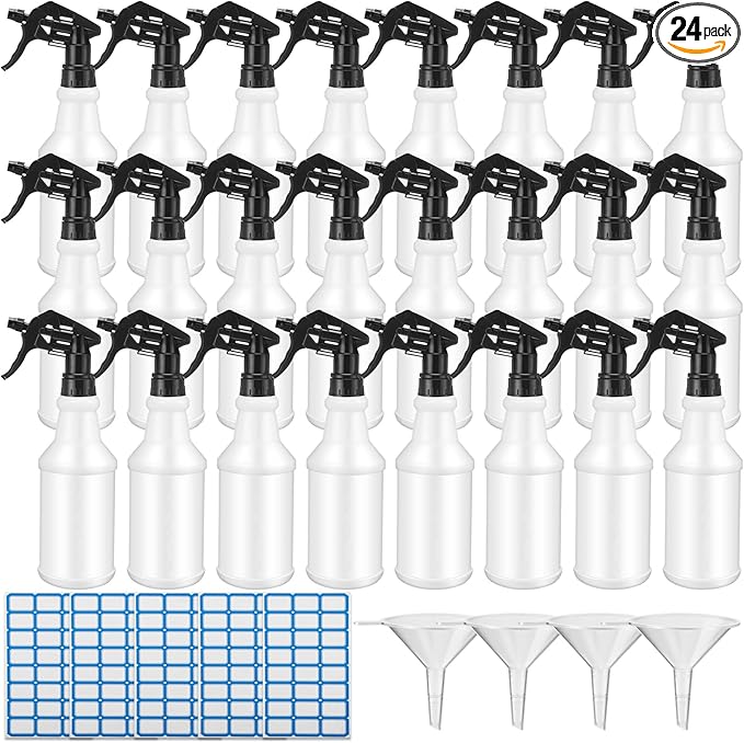 Zubebe 24 Pack 32 oz Plastic Spray Bottle Bulk Empty Leakproof Heavy Duty Spray Bottles for Cleaning Supplies Mist Bottles with Label and Adjustable Nozzle for Plant(Black,No Scale)
