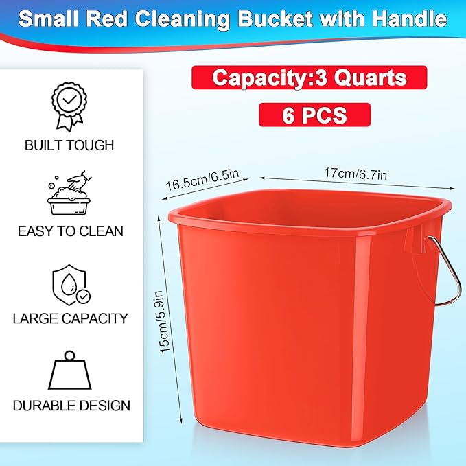 Zhehao 6 Pcs 3 Quart Cleaning Bucket Small Detergent Square Bucket Sanitizing Plastic Pail with Handles Square Cleaning Pail for Home, Offices, School, Commercial Use, Food Service(Red)