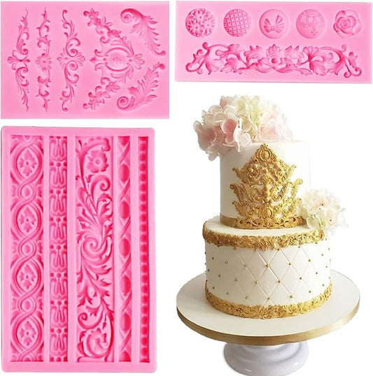 Silicone Fondant Molds, AIMEIKI 3 Pack Baroque Fondant Molds Scroll Border Lace Silicone Molds Curlicues Gum Paste Candy Chocolate Baking Molds for Cake Candy Chocolate DIY Crafts