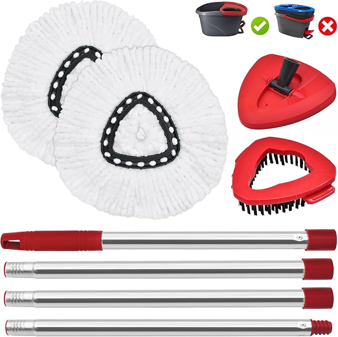 Spin Mop Handle Replacement for Ocedar, Mop Heads Replacements Compatible with O-Cedar EasyWring 1-Tank System, Include 4-Section Handle, 2 Replace Heads,1 Scrub Brush, 1 Base for O Cedar Spin Mops