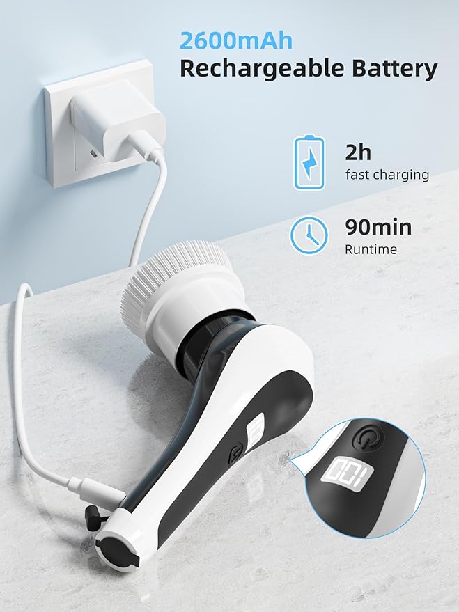Electric Spin Scrubber,Cordless Shower Scrubber with Power Display Screen,IP68 Waterproof Bath Cleaning Brush,Adjustable Extension Handle & 2 Speeds,Electric Cleaning Brush for Bathroom,Kitchen,Tub