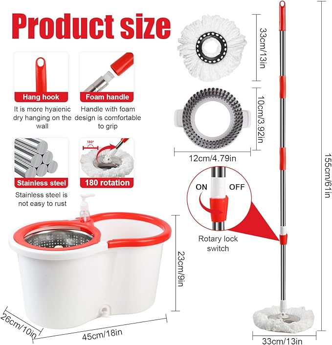 Spin Mop and Bucket with Wringer Set, 360° Spinning Mop Bucket System with 6 Microfiber Mop Replacement Heads and 61" Stainless Steel Adjustable Handle for Floor Cleaning (20QT)