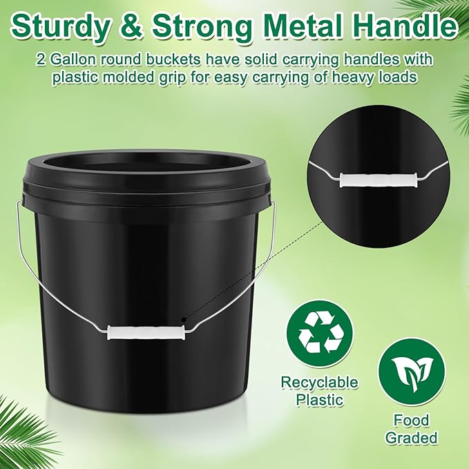 Tioncy 10 Pcs 2 Gallon Plastic Bucket with Lid Heavy Duty 2 Gallon Bucket Pail with Lid Handle for Storage Container Home Household Cleaning (Black)