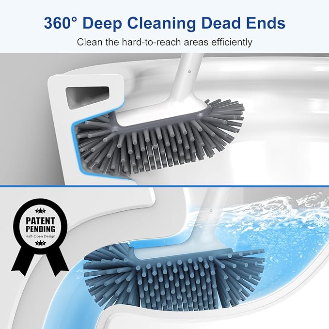 HAMITOR Toilet Bowl Brush Holder Set: Deep Cleaning Silicone Toilet Cleaner Scrubber Under Rim with Curved Bristle for Bathroom Dead Corner Clean - Modern Rv Toilet Decorative Accessories - White
