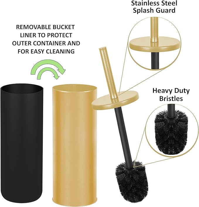 Deep & Sturdy Toilet Bowl Brush with Holder - Durable Scrubbing - Toilet Cleaners - Household Essentials - Bathroom Cleaner - Cleaning Supplies - Household Supplies, Painted Satin Gold