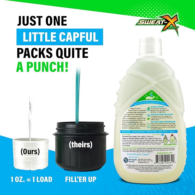 Sweat X Free & Clear Activewear Laundry Detergent – Certified Asthma & Allergy Friendly® – Hypoallergenic – Removes Toughest Stains & Odors – High-Performance Sports Wash – 45 Loads/Bottle – 2 Pack