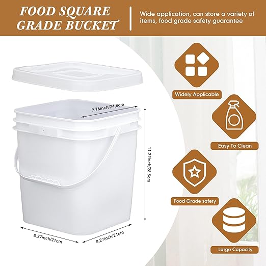Mumufy 8 Pcs 3.5 Gallon Square Food Grade Bucket with Lid Square Bucket Pail with Plastic Handles for Storing Dry Food, Charcoal, Camping, Fishing (White)
