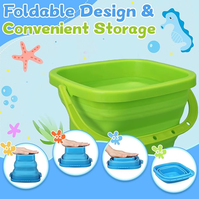 Jumbo Beach Sand Bucket Toy for Kids, 3L Collapsible Sandbox Pail, Easter Buckets, 3 Pack Multi Use Tool for Garden, Planting, Camping, Storage Fishing, Washing, Summer Holiday Travel Birthday Gifts